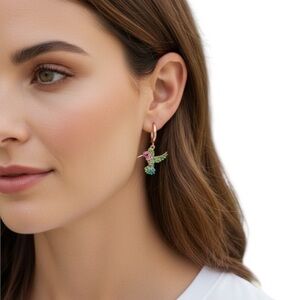 Rose Gold Hummingbird Drop Earrings Pink & Green Crystal Dangle Jewelry